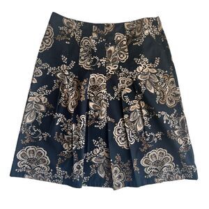 Harold's Navy Blue Tan Pleated Floral Pattern A-Line 100% Cotton Sum Skirt sz 12